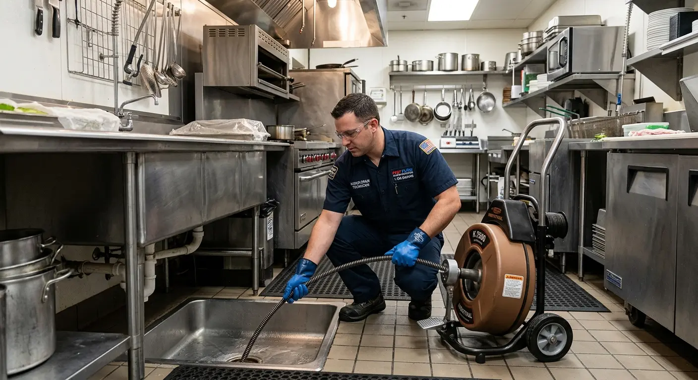 Commercial drain cleaning service in a restaurant kitchen in Porters Neck