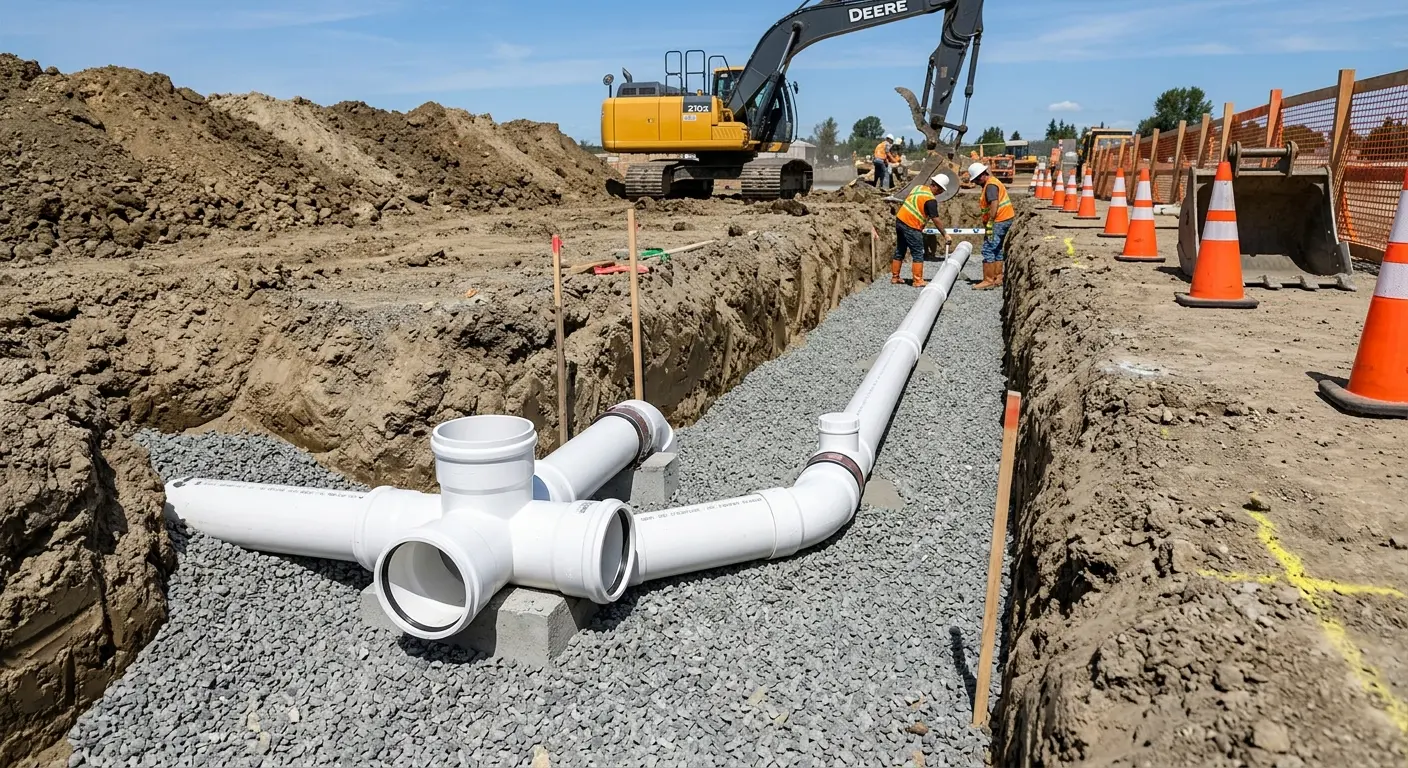 New PVC sewer pipe installation in open trench for Sewer Backup in Porters Neck