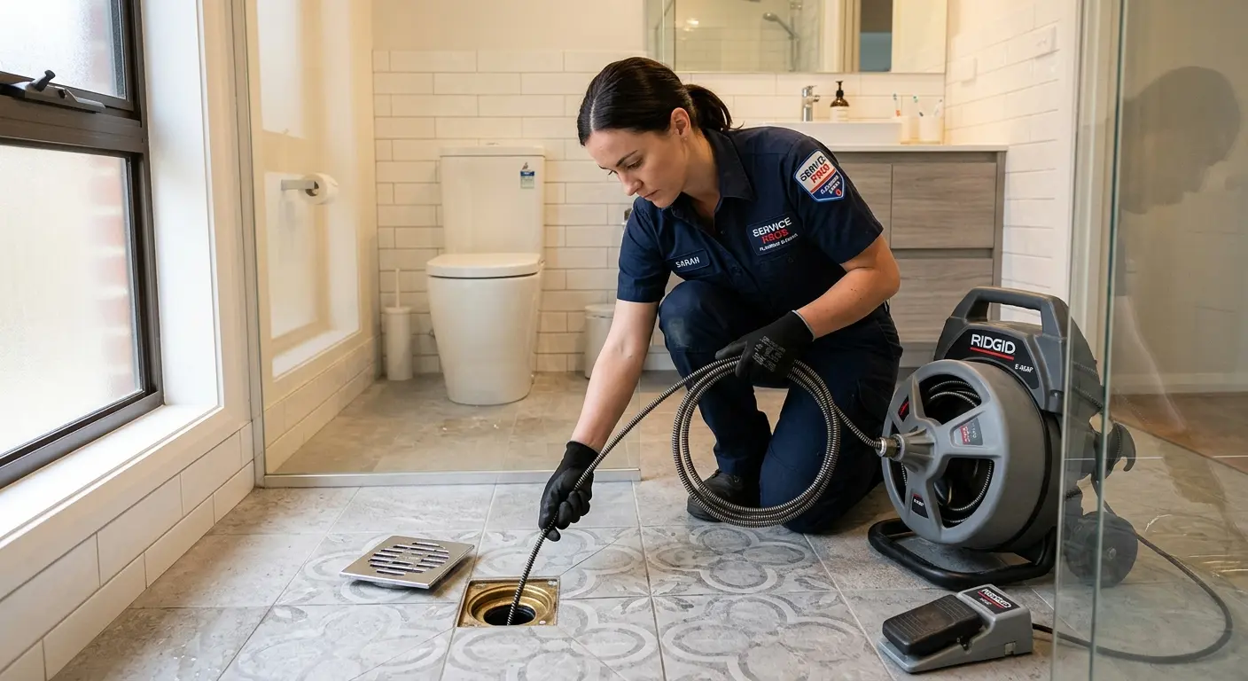 Technician clearing a bathroom floor drain for Hydro Jetting in Porters Neck